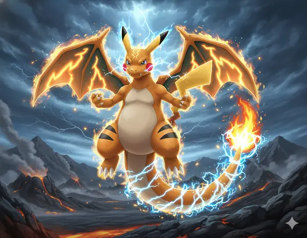 Pokemon fusion Pikachu and Charizard AI generated image